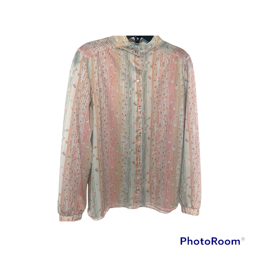 Vintage Sheer Pastel Blouse with Mock Collar Size S/M